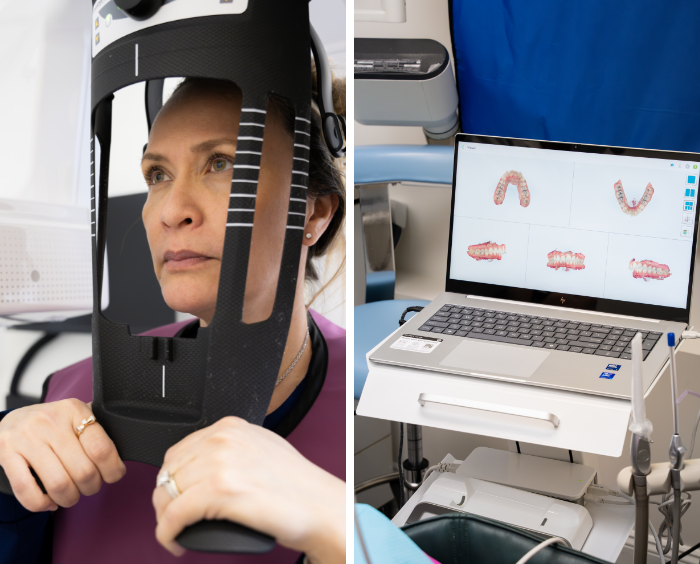 Woman having teeth scanned and images of teeth displayed on computer